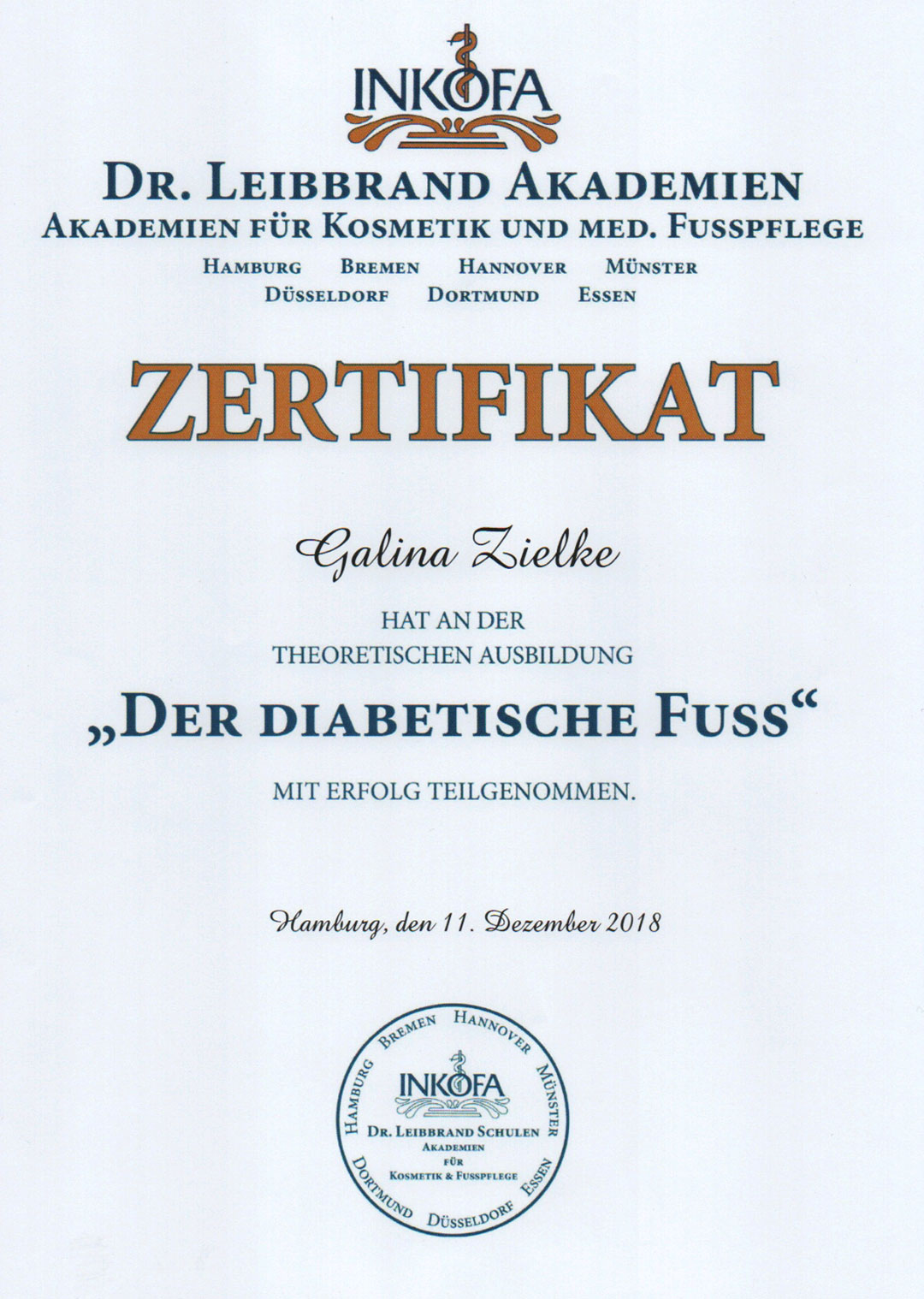 Galina Zielke - Mobile Fußpflege Zertifikat