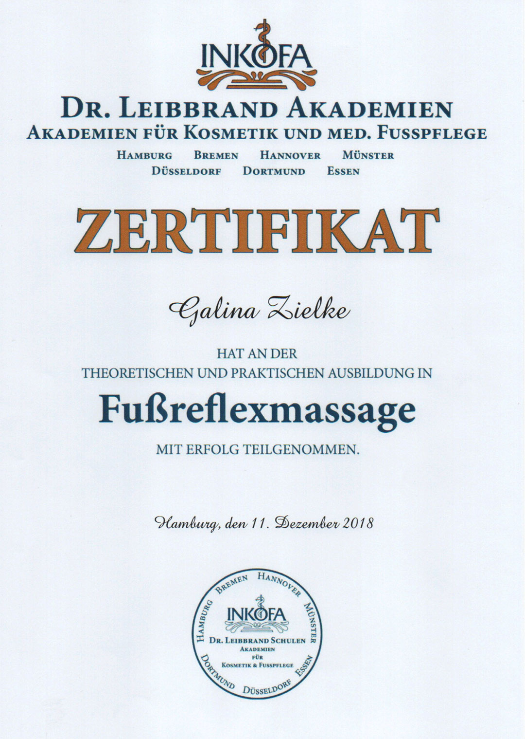 Galina Zielke - Mobile Fußpflege Zertifikat